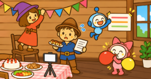 自宅で会場の飾り付けをする、みらおファミリー
