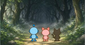 森の闇を前に立つ、みー坊、みらら、みうら