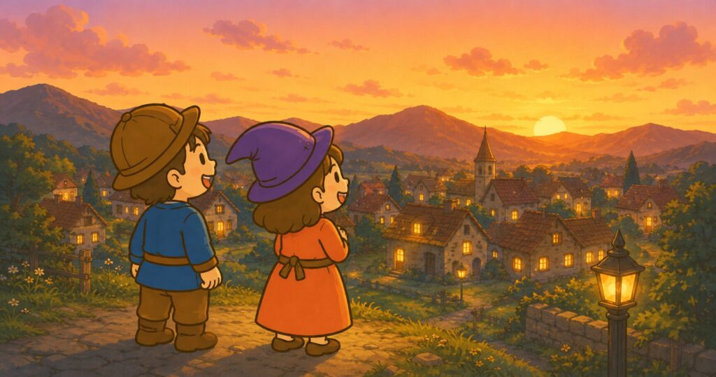 夕日に染まる村