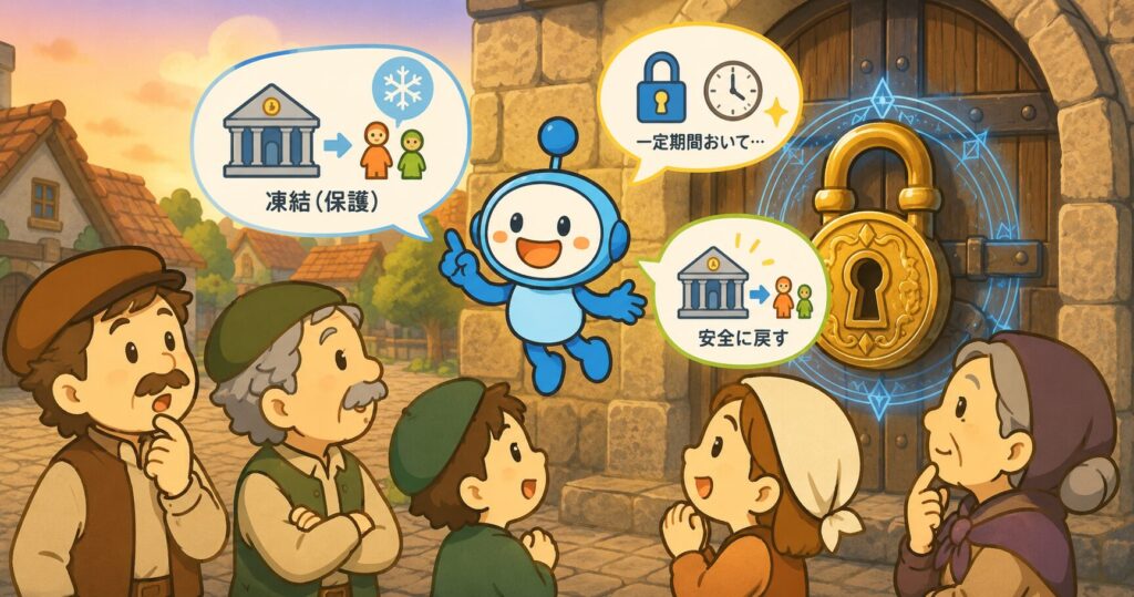 村人たちに、解説するみー坊