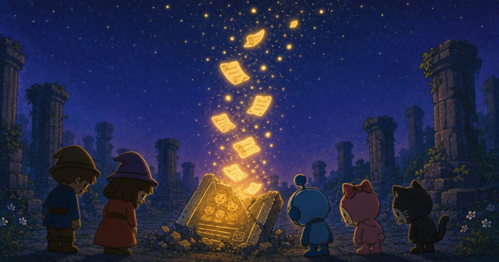 崩れた石碑に肩を落とす一行