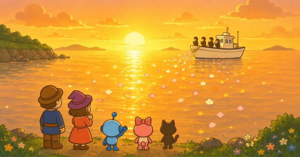 夕日に染まる海