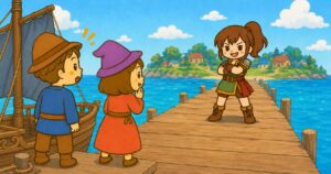 桟橋で仁王立ちする、みら