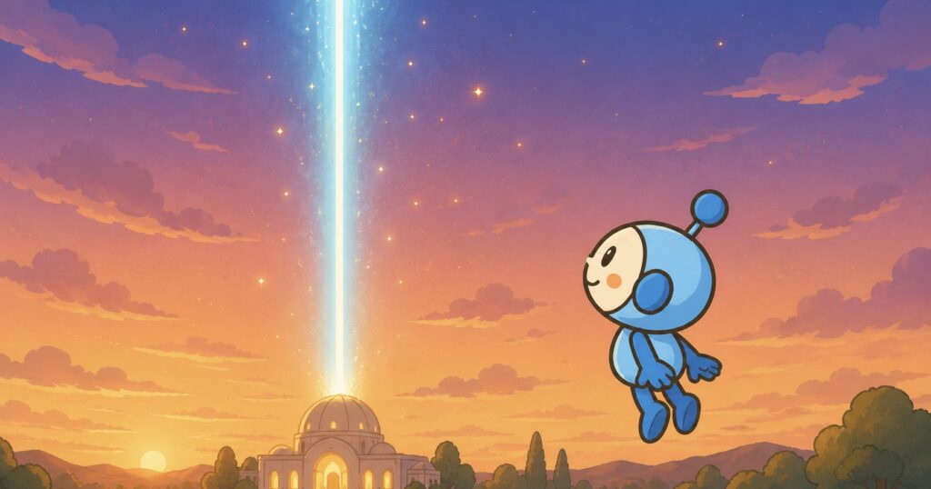 夕暮れ、光の柱が立ちのぼる、祈りの堂とみー坊