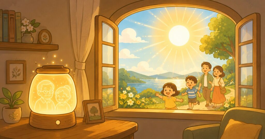 窓の外に、太陽に照らされる家族
