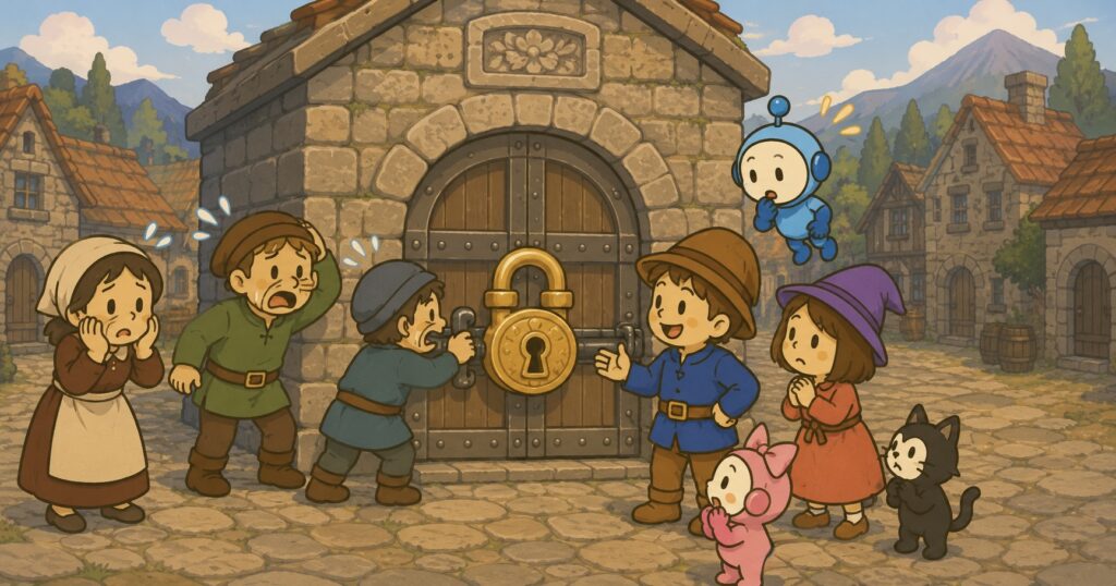 蔵の前、慌てふためく住人たち