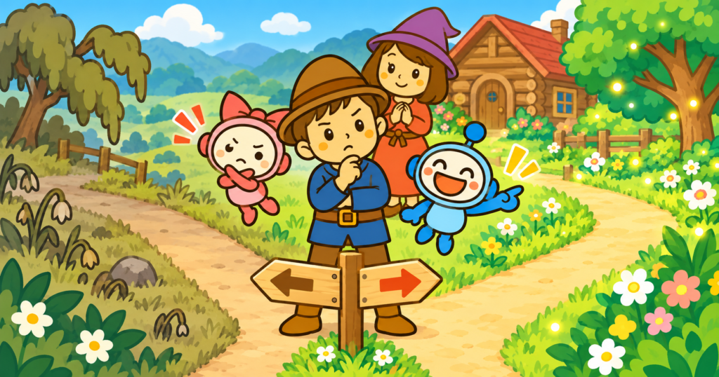 分かれ道のまえで、悩むみらお