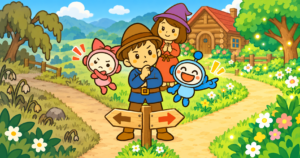 分かれ道のまえで、悩むみらお