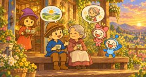 縁側で母と談笑するみらおファミリー
