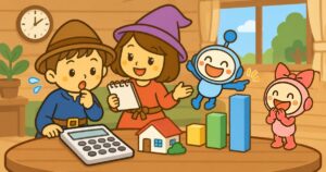 電卓をのぞいて驚くみらおと、メモ帳を見せるみらい、積み木のグラフを指さすみー坊、笑うみらら